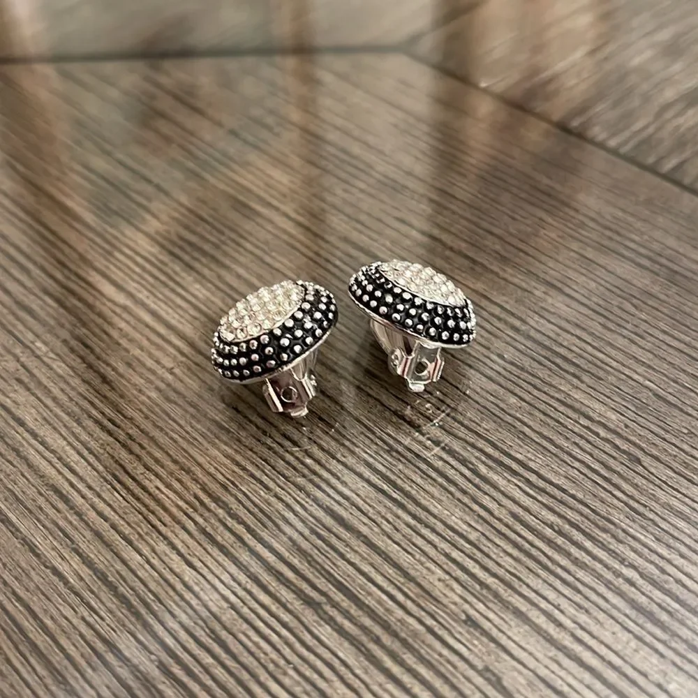 Vintage Round Button Clip Earrings with Rhinestone Pave Centers